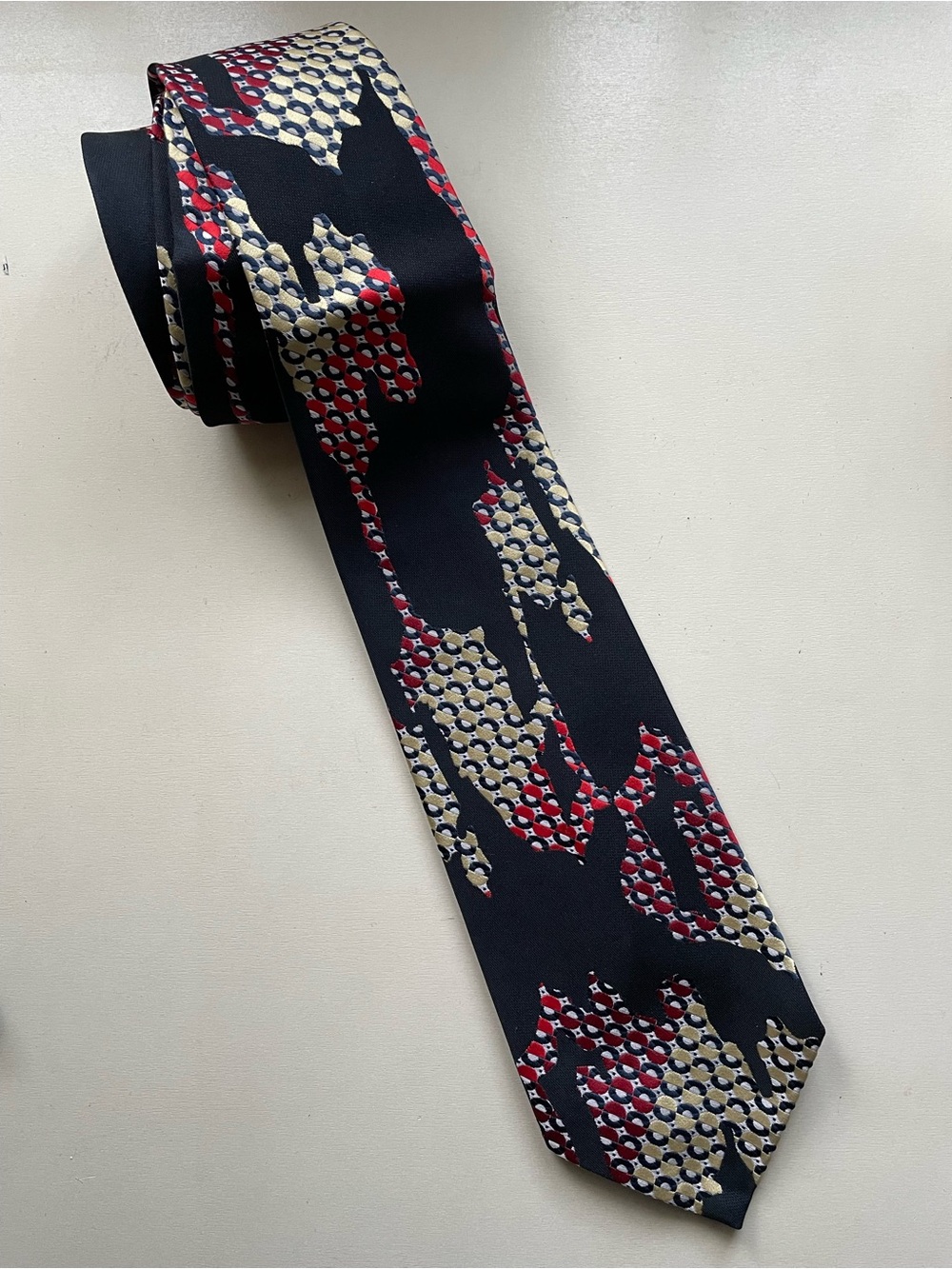 Vintage Black Silk Tie with Red and Cream Geometric Motif